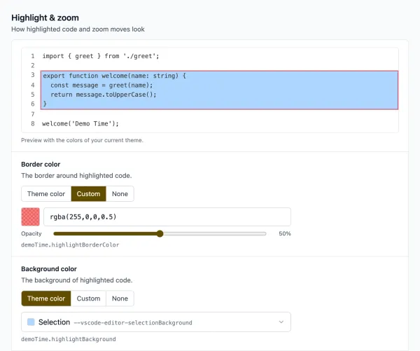 Highlight colors in the Demo Time settings view, with a preview of the highlight