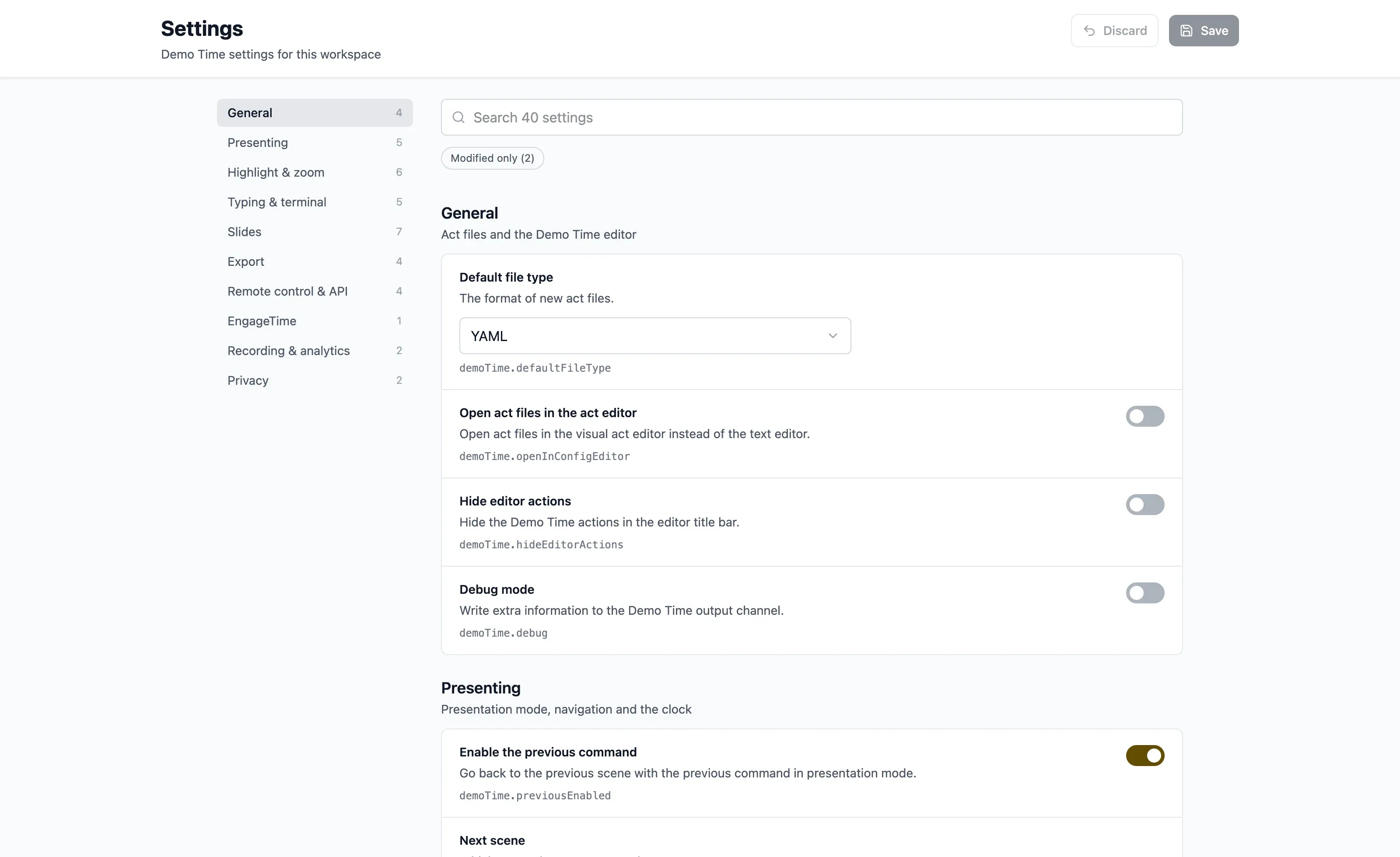 Demo Time settings view with the setting categories, search and the General settings